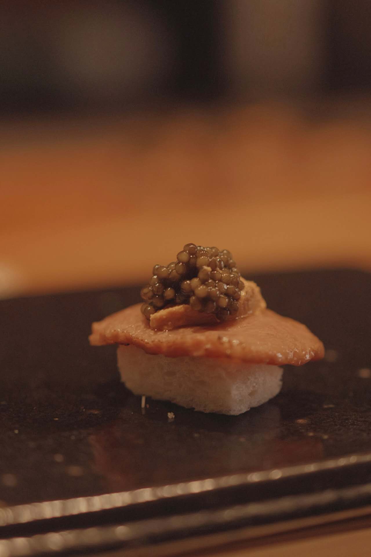 Toro topped with caviar at Kiyoshi Omakase counter