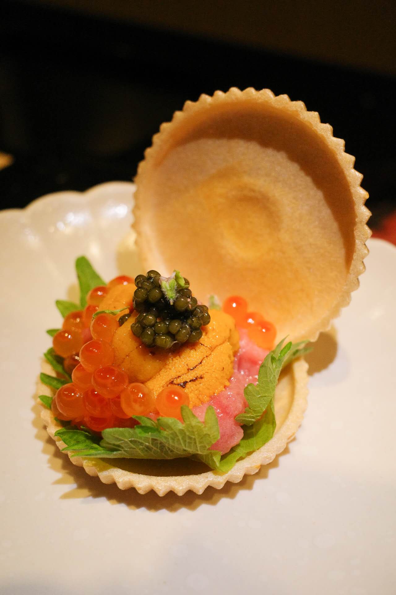 Uni monaka appetizer from live omakase course